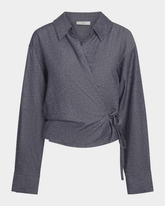 Collared Linen-Blend Wrap Top